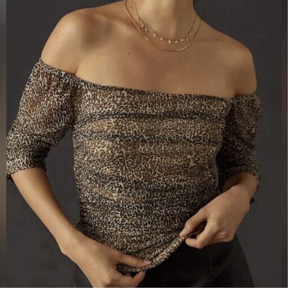 Anthropologie Top Animal Leopard Print Shirred Mesh Blouse Size XS NWT